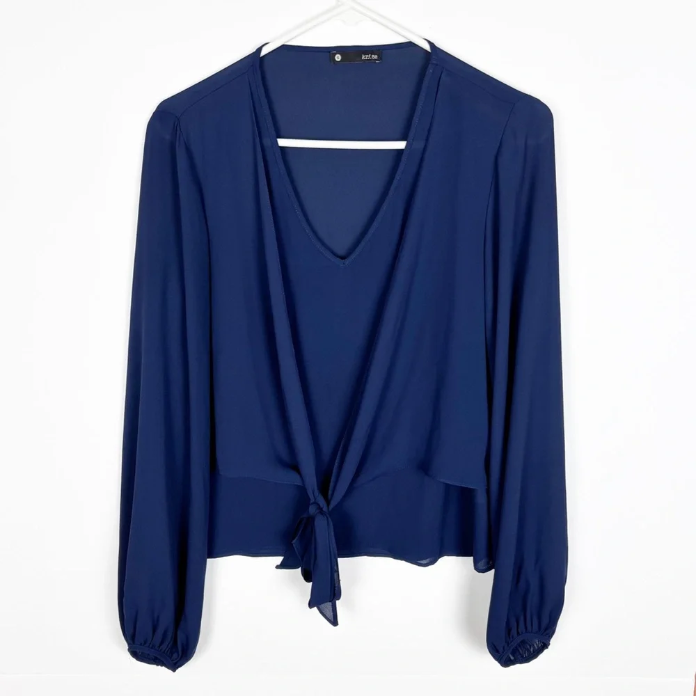 Krisa Top Size Small Navy Blue Chiffon Layered Tie Front Long Sleeve V Neck - Picture 1 of 7